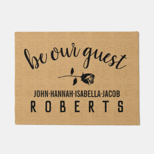 Be Our Guest Elegant Rose on Burlap Personalized Doormat