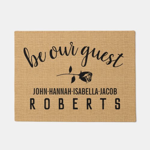 Be Our Guest Elegant Rose on Burlap Personalized Doormat