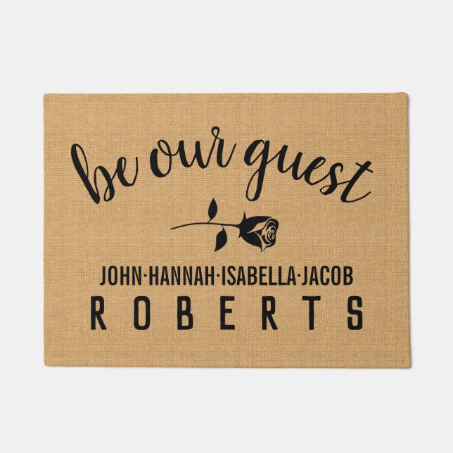 Be Our Guest Elegant Rose on Burlap Personalized Doormat (Front)