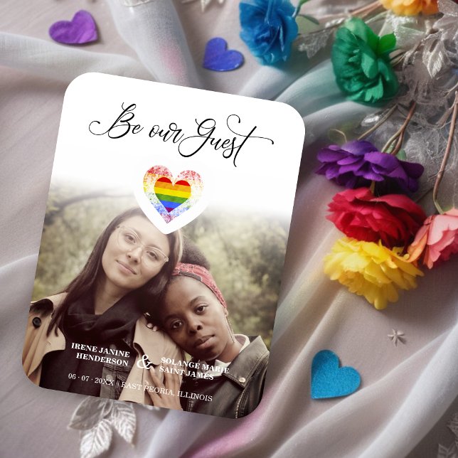Be our Guest Pride Rainbow Heart Lesbian Gay Photo Magnet (Be our Guest Quote Cute Pride Rainbow Heart Lesbians Gays Photo Save the Date Magnet Card. )