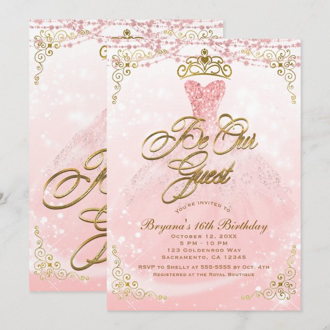 Be Our Guest Princess Pink & Gold Sweet 16 Party Invitation (Front/Back)