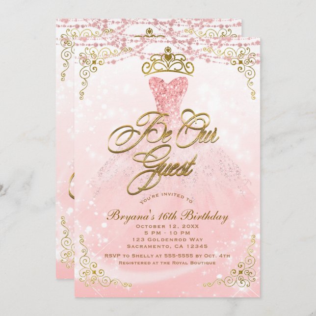 Be Our Guest Princess Pink & Gold Sweet 16 Party Invitation (Front/Back)