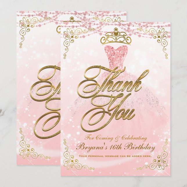 Be Our Guest Princess Pink Gold Sweet 16 Thank You Invitation (Front/Back)