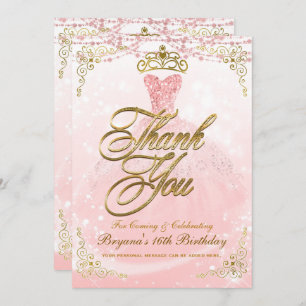 Be Our Guest Princess Pink Gold Sweet 16 Thank You Invitation