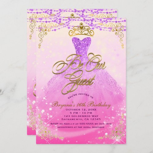 Be Our Guest Princess Purple  Gold Sweet 16 Party Invitation