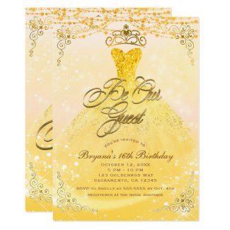 Be Our Guest Princess Yellow & Gold Sweet 16 Party Invitation