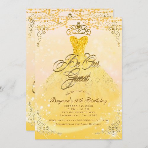 Be Our Guest Princess Yellow  Gold Sweet 16 Party Invitation