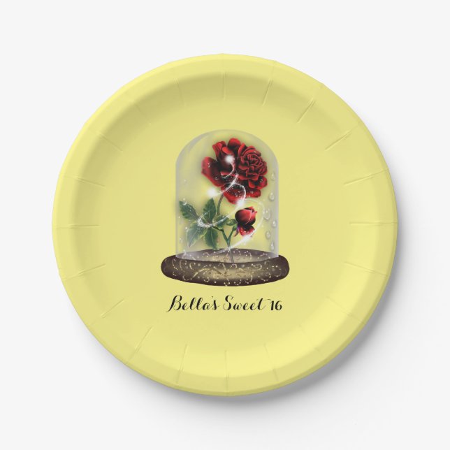 Be Our Guest Red Rose in Glass Elegant Paper Plates (Front)