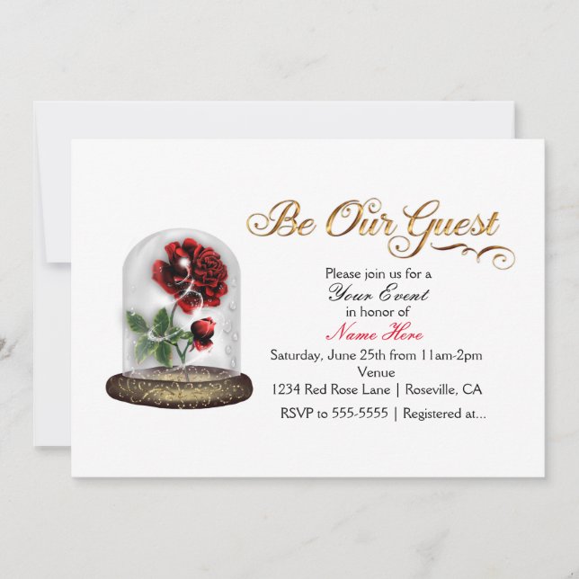 Be Our Guest Red Rose in Glass Elegant White Invitation (Front)