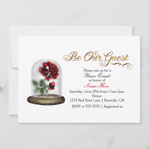 Be Our Guest Red Rose in Glass Elegant White Invitation