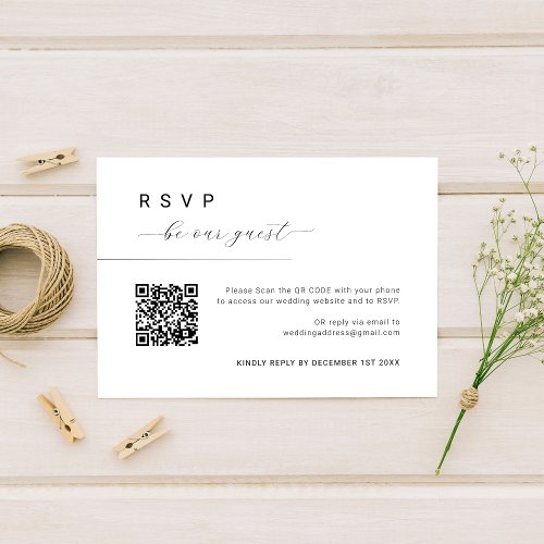 Be our guest Script Simple Minimal Wedding QR Code RSVP Card