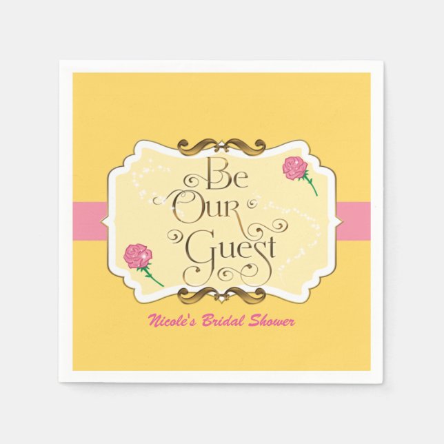 Be Our Guest Yellow & Pink Rose Princess Party Paper Napkins (Front)