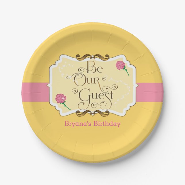 Be Our Guest Yellow & Pink Rose Princess Party Paper Plates (Front)