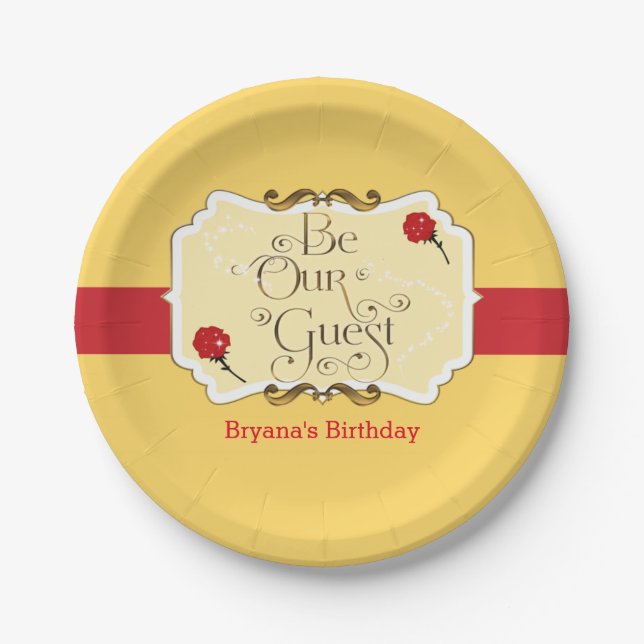 Be Our Guest Yellow & Red Rose Princess Party Paper Plates (Front)