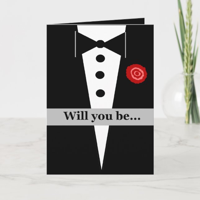 Be Our Usher Card with Tux and Rose (Front)