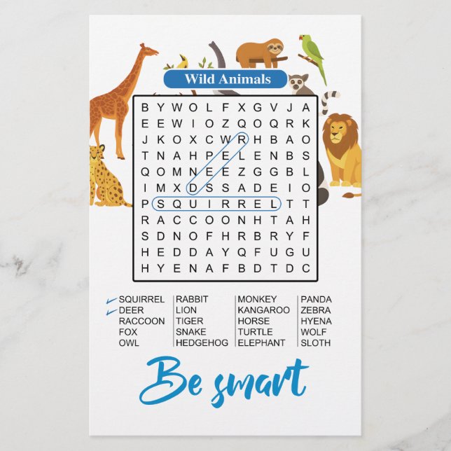 Be Smart – Wild Animals Word Search (Front)