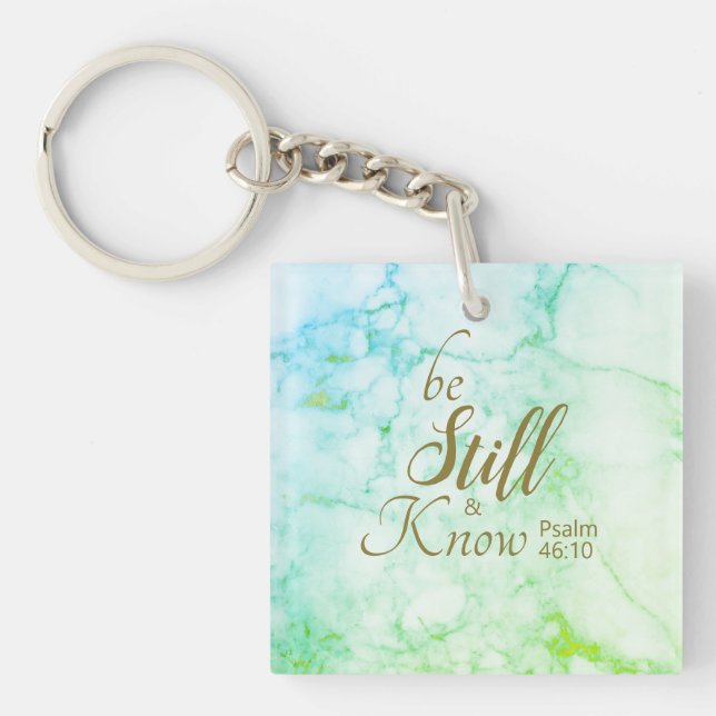 "Be Still and Know" Bible Verse Aqua Blue Marble Keychain (Front)
