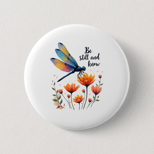 Be still and know Floral Dragonfly Christian Summe Button (Front)