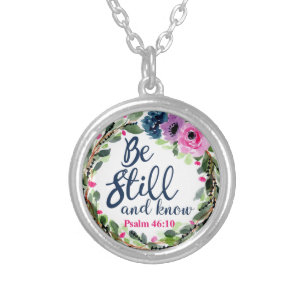Be Still And Know Pink Floral Bible Verse Silver Plated Necklace