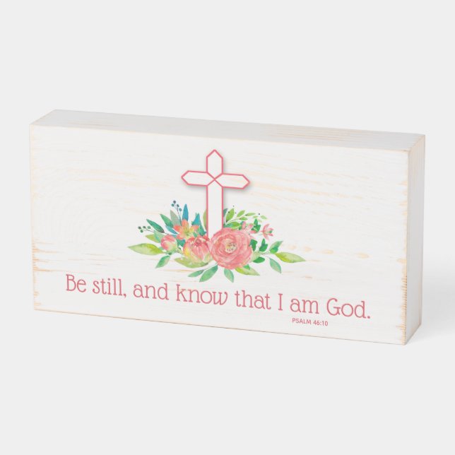 Be Still Bible Verse Pink Floral Cross Wooden Box Sign (Angled Horizontal)