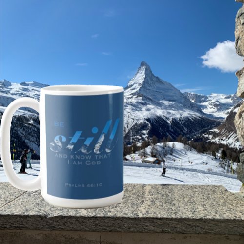 Be still Bible Verse Swiss mountains blue monogram Coffee Mug