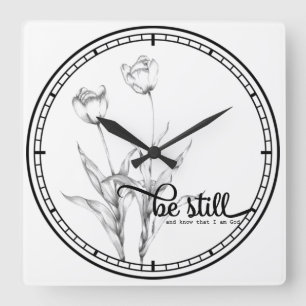 Be Still Black and White Pencil Sketch Tulips Square Wall Clock