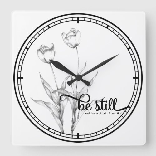 Be Still Black and White Pencil Sketch Tulips Square Wall Clock