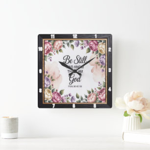 Be Still God Floral Frame Square Wall Clock
