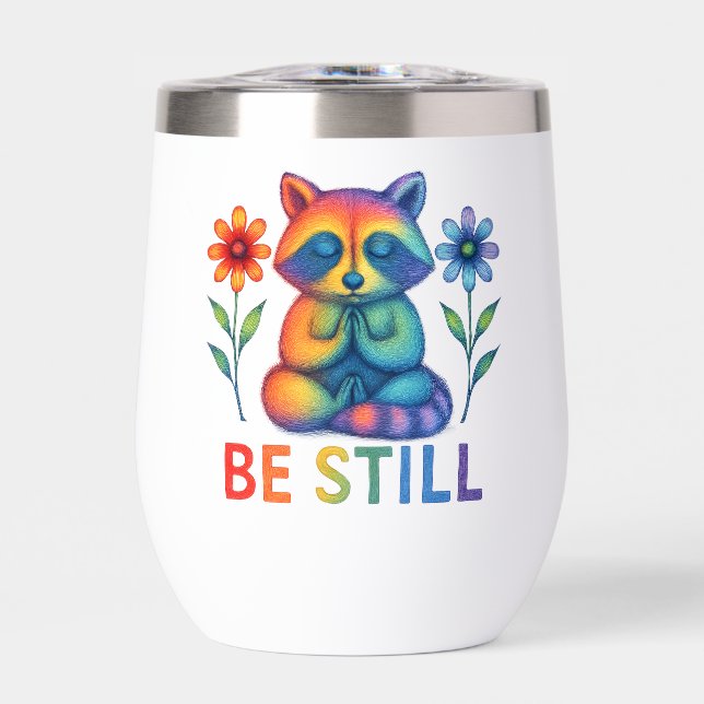 Be Still – Meditation & Prayer Rainbow Raccoon Thermal Wine Tumbler (Front)