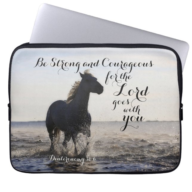Be Strong and Courageous Bible Verse Deut 31 Horse Laptop Sleeve (Front)