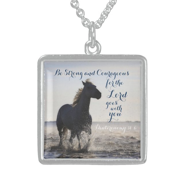 Be Strong and Courageous Bible Verse Deut 31 Horse Sterling Silver Necklace (Front)