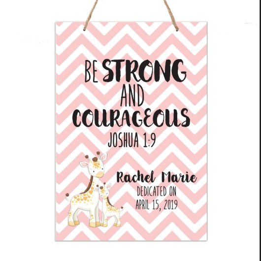 Be Strong Cute Giraffes Pink Wooden Wall Sign (Front)