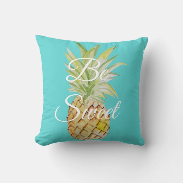 Be Sweet Pineapple Turquoise Blue Watercolor Throw Pillow (Front)