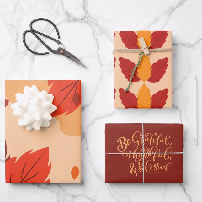 Be Thankful Autumn Maple Leaves Wrapping Paper Sheets (Front)
