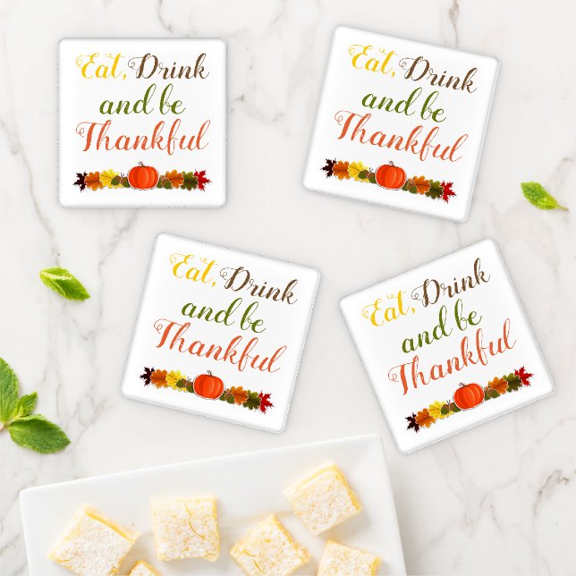 Be Thankful pumpkin leaves typography Thanksgiving Coaster Set (In Situ)