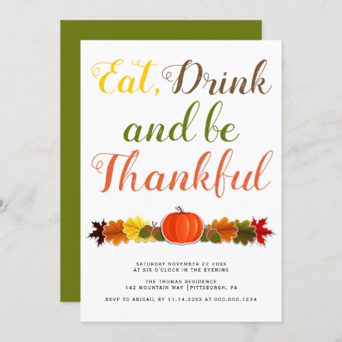 Be Thankful pumpkin leaves typography Thanksgiving Invitation