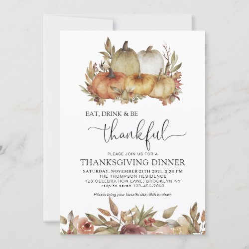 Be Thankful Watercolor Pumpkin Wood Thanksgiving Invitation