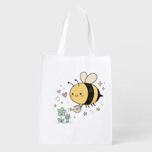 Be The Buzz Cute Kawaii Bumblebee Watering Flowers Grocery Bag