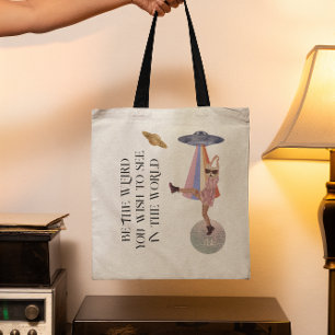 Be The Weird Dancing Space Cat Monogram Tote Bag
