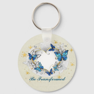 Be Transformed Quote Heart and Blue Butterflies Keychain