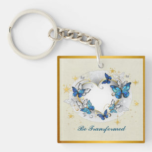 Be Transformed Quote Heart and Blue Butterflies Keychain