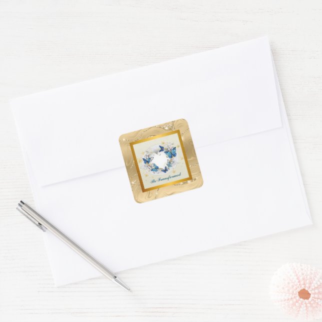 Be Transformed Quote Heart and Blue Butterflies Square Sticker (Envelope)
