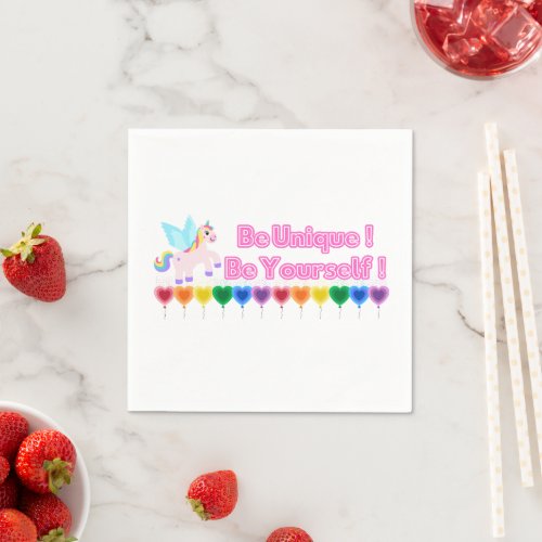 Be unique be yourself unicorn rainbow paper napkin