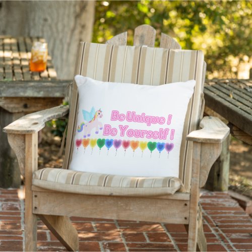 Be unique be yourself unicorn rainbow Throw Pillow