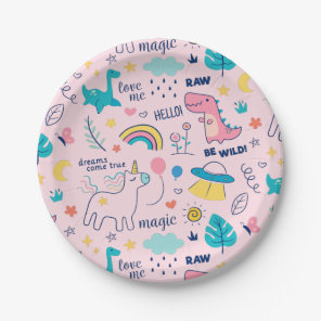 Be Wild Pink Dinosaur Rainbow Unicorn Girls Party Paper Plates