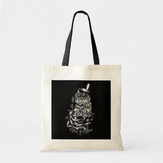 Be wise black owl with top hat illustration. tote bag