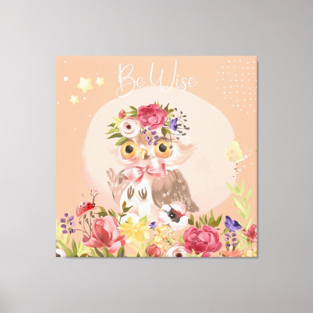 Be Wise Inspirational Woodland Owl Floral Nursery Canvas Print (Front)