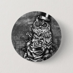 Be wise tattoo style owl artwork. pinback button