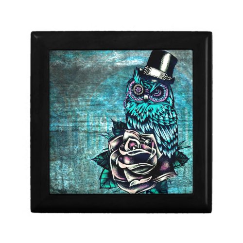 Be Wise tattoo style owl on digital Teal wood base Gift Box