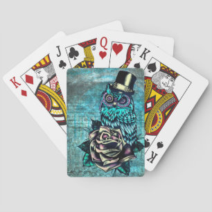Be Wise tattoo style owl on digital Teal wood base Poker Cards